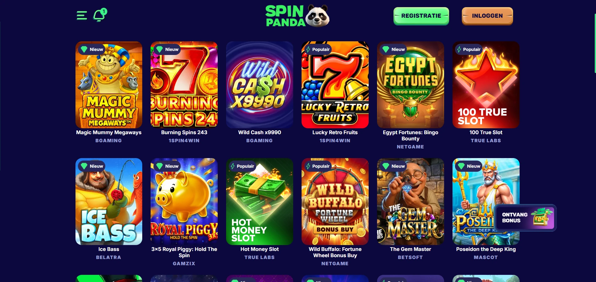 Spellenlobby van SpinPanda met de drie categorieën