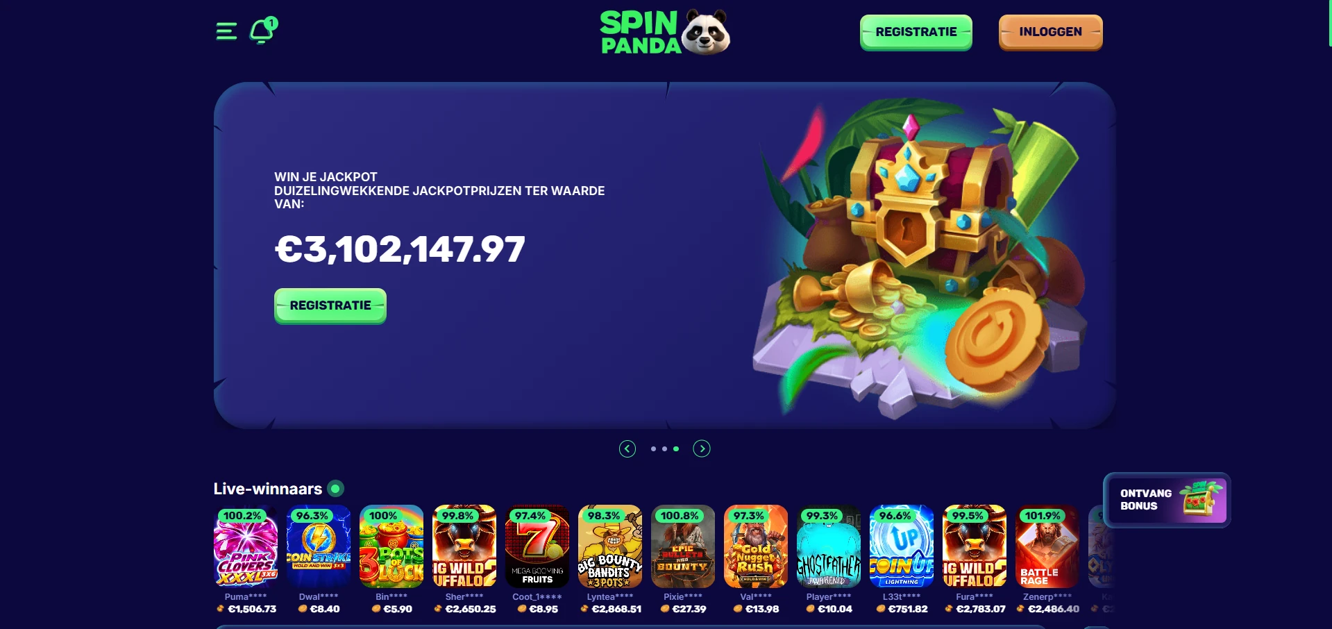 Startpagina van SpinPanda op een desktopscherm